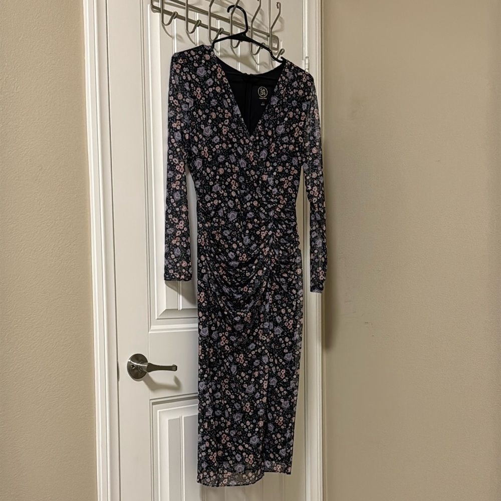 SAGE Collective Mesh Wrap Floral Dress with Long Sleeves and Ruching